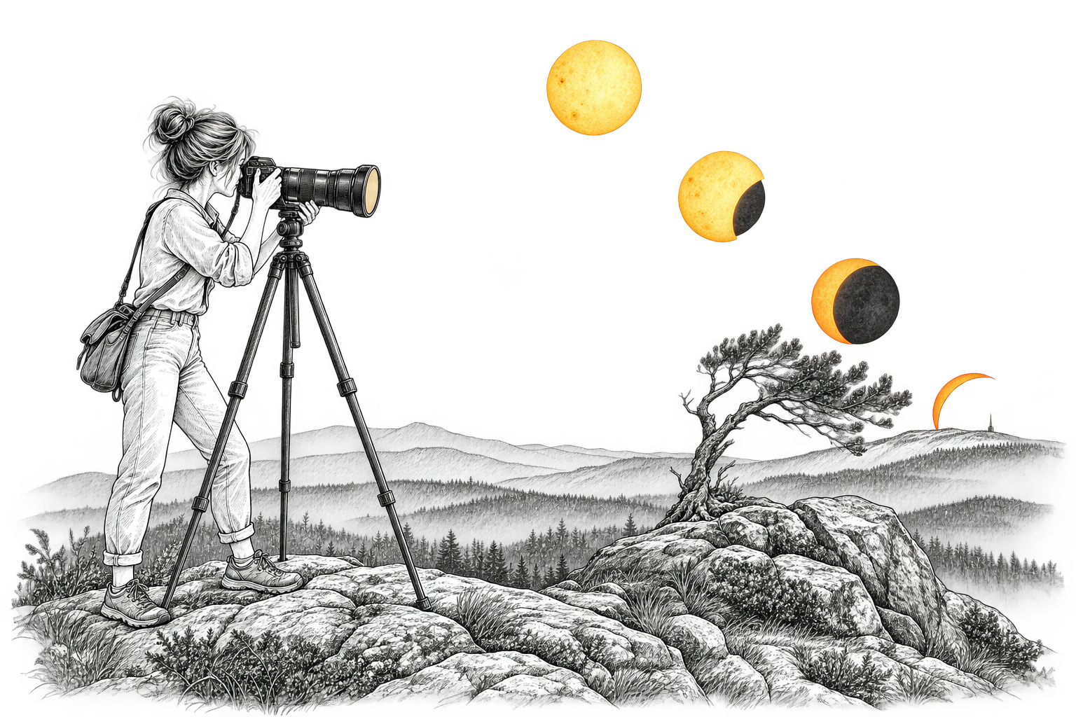 Fotografka se slunečním filtrem fotografuje postup částečného zatmění Slunce nad osamělým stromem v Krušných horách