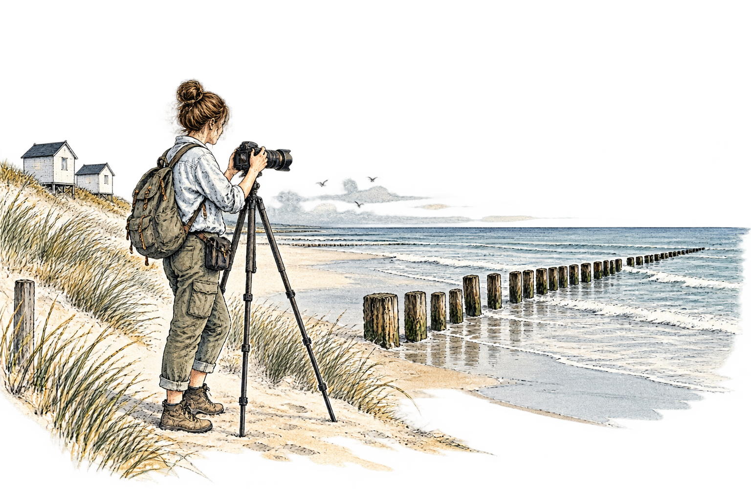Fotografka na belgickém pobřeží fotografuje dřevěné vlnolamy u Severního moře