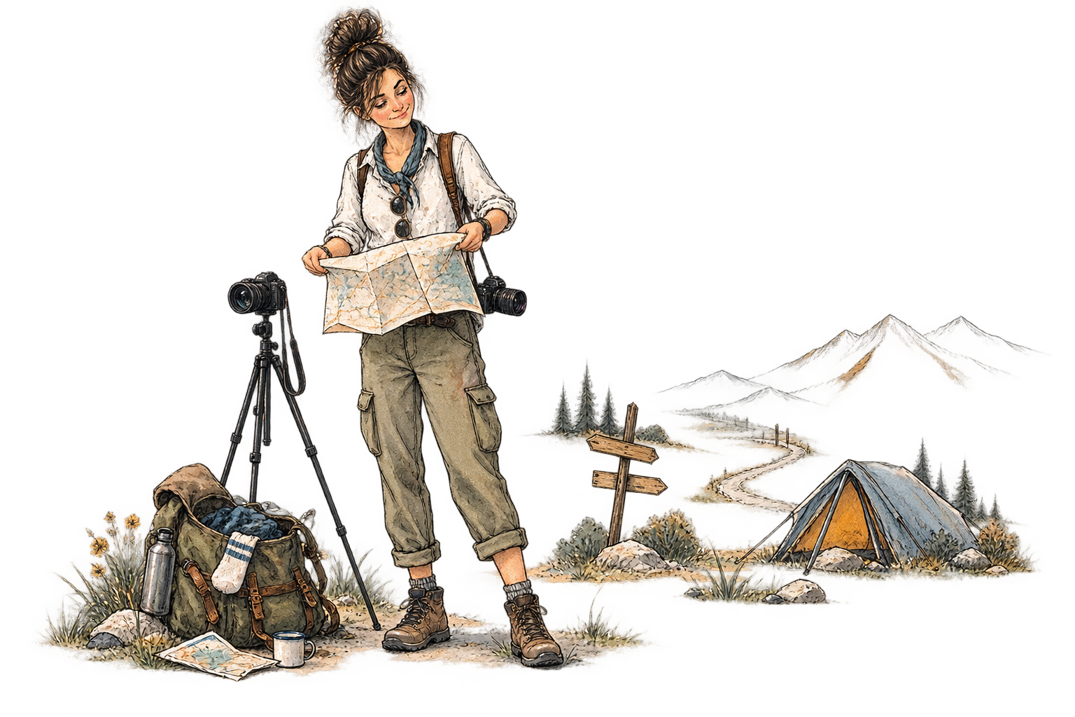 Fotografka s mapou, fotoaparátem a stanem na cestě za fotografickými příběhy