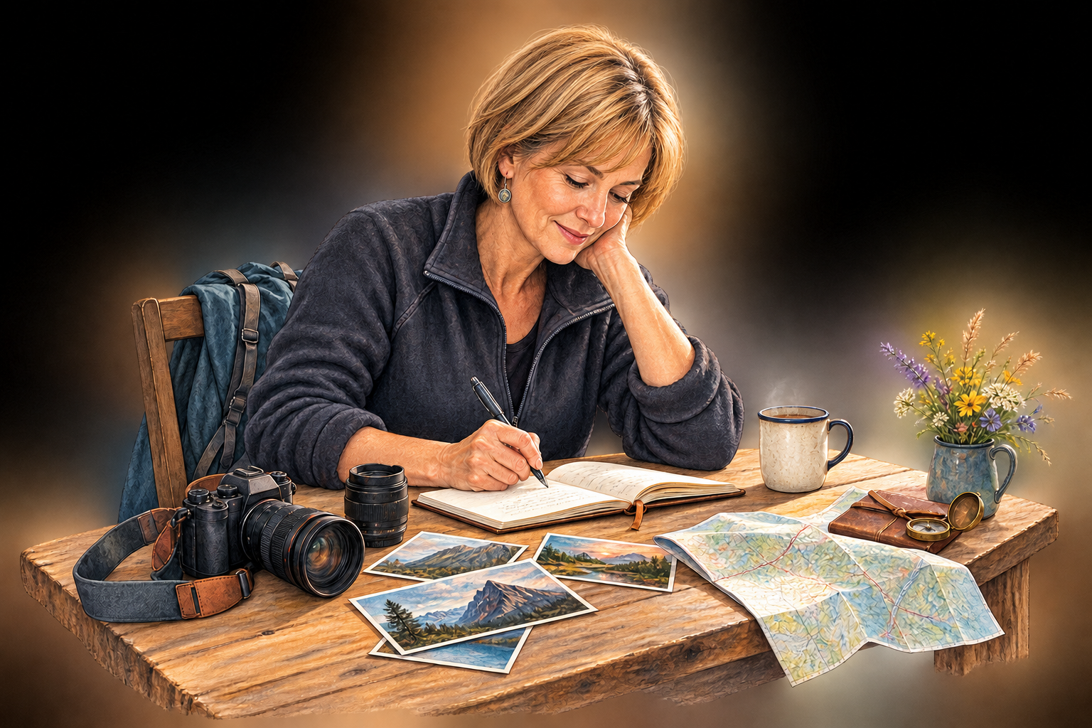 Jana sedí u stolu, píše cestovní příběhy a kolem ní leží fotoaparát, fotografie a mapa.