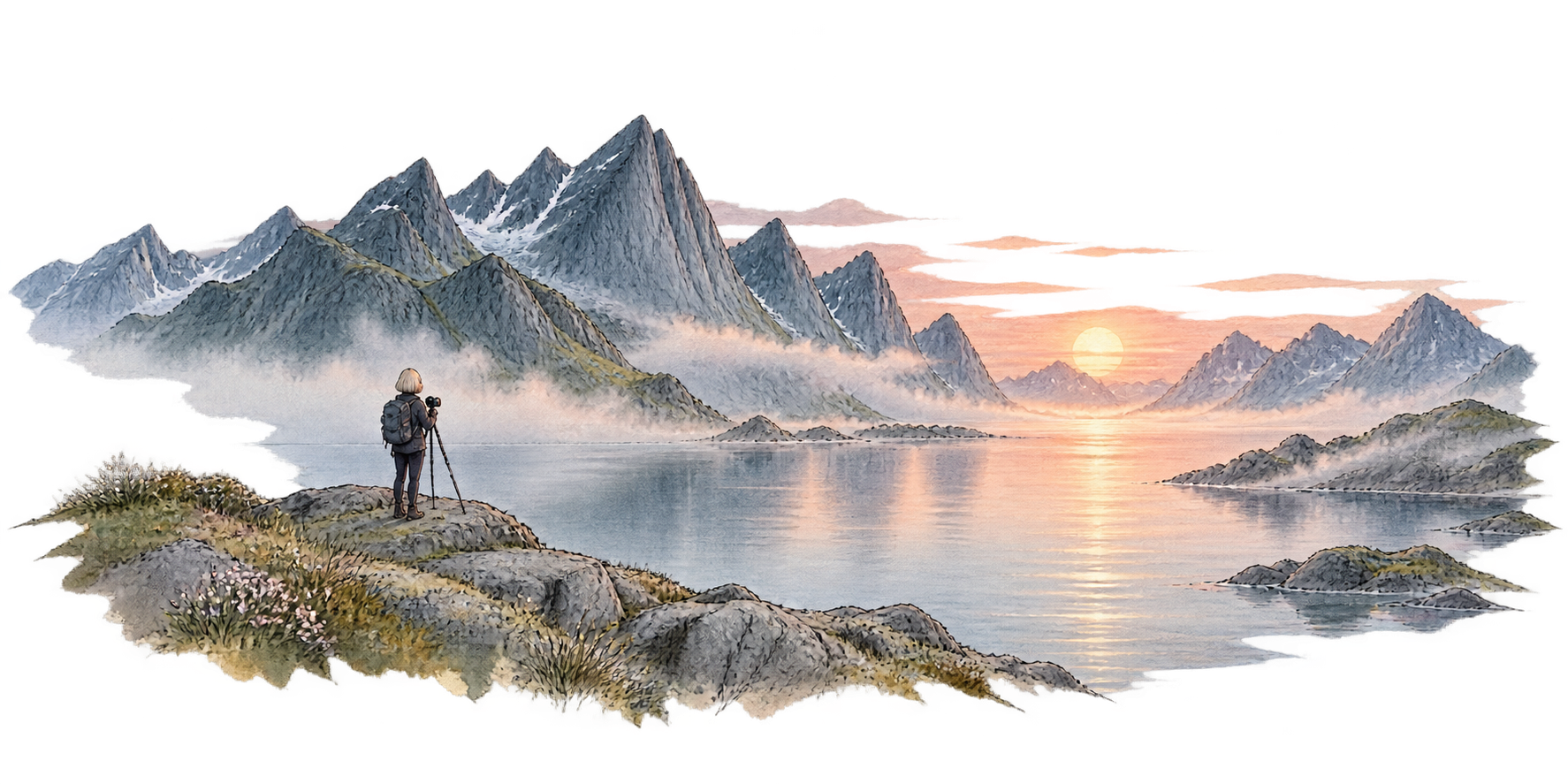Watercolour illustration of a photographer overlooking the Lofoten mountains and fjord beneath the midnight sun