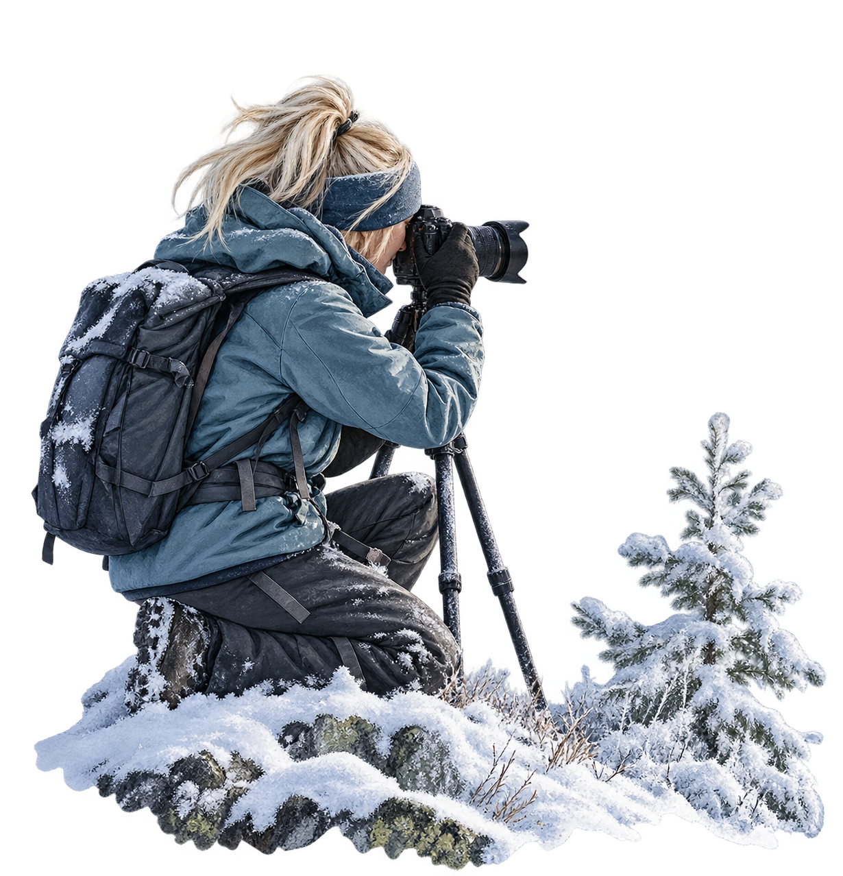 A landscape photographer with a tripod photographs a snowy winter scene during blue hour in the Ore Mountains.