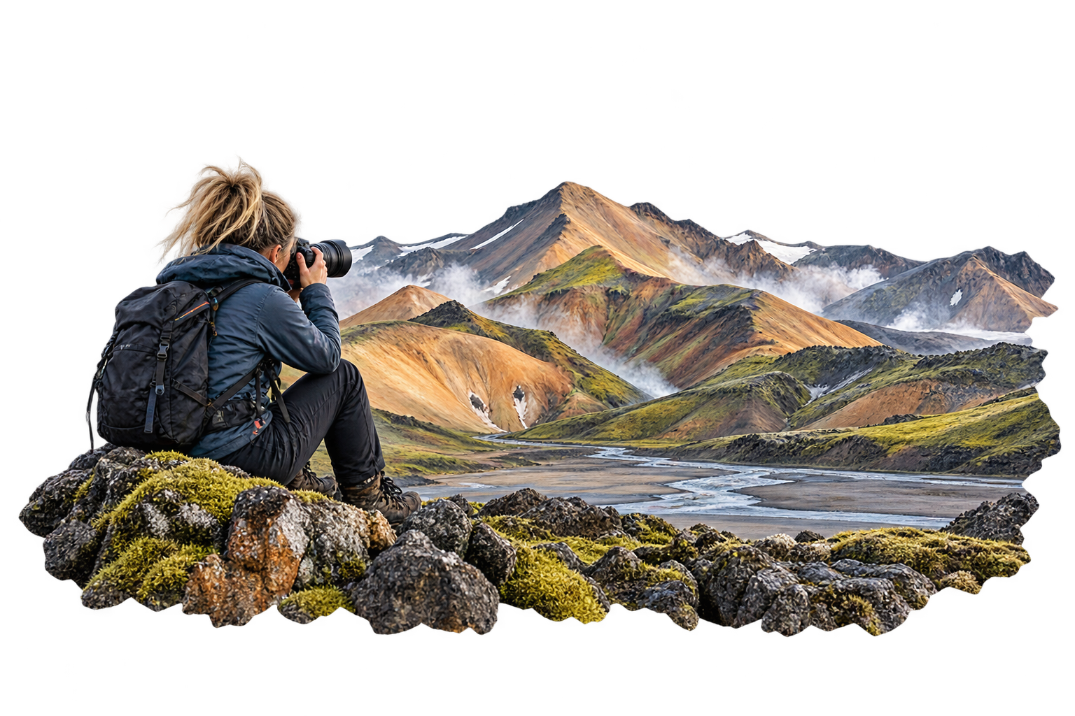 A female landscape photographer photographing the colourful rhyolite mountains of Landmannalaugar in the Icelandic Highlands.